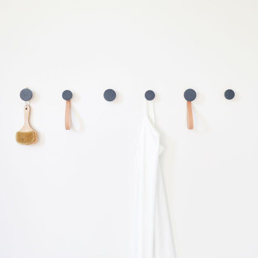 Round Beech Wood & Ceramic Wall Mounted Coat Hook / Hanger with Leather Strap - Blue Black Specks-1