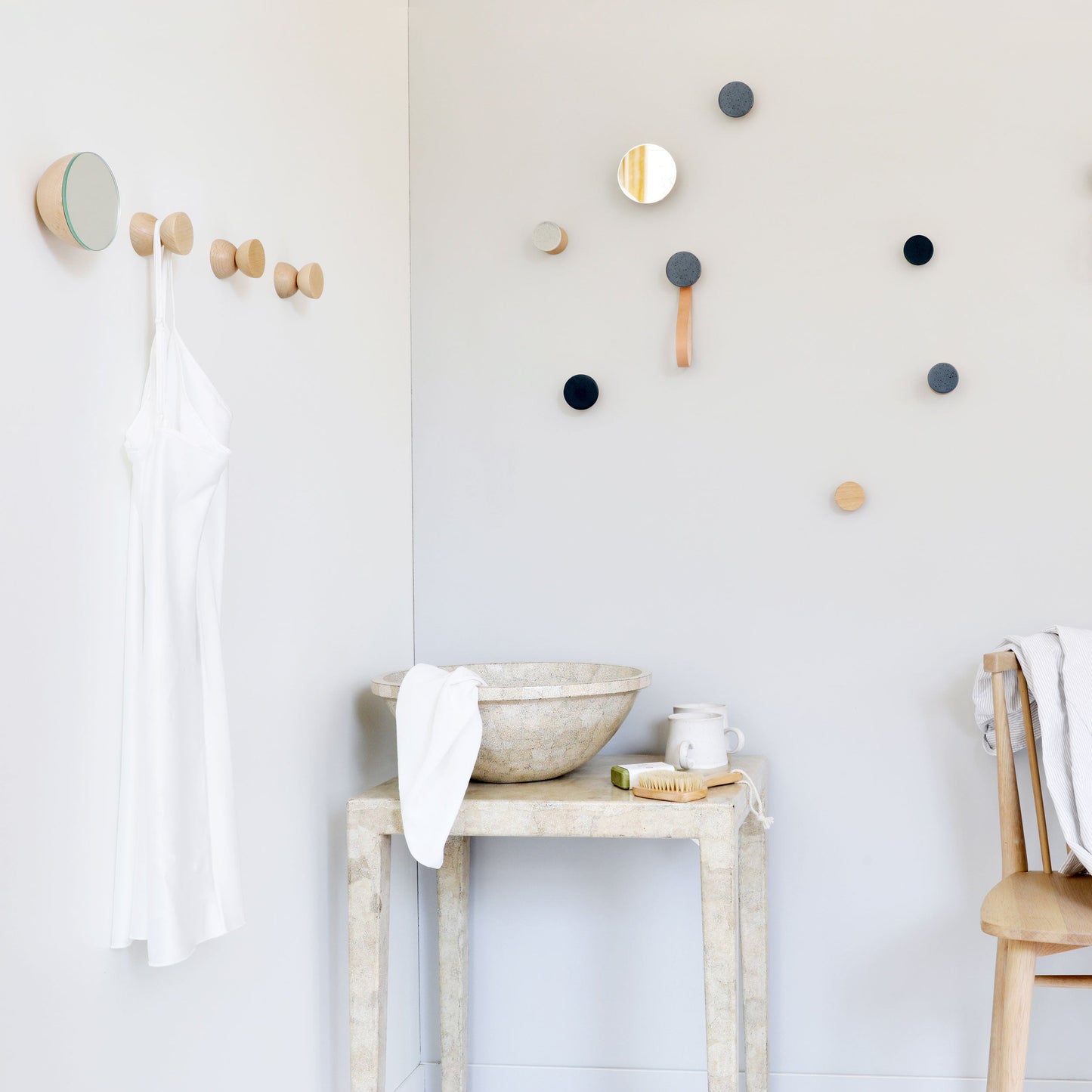 Round Beech Wood & Ceramic Wall Mounted Coat Hook / Hanger with Leather Strap - Blue Black Specks-2