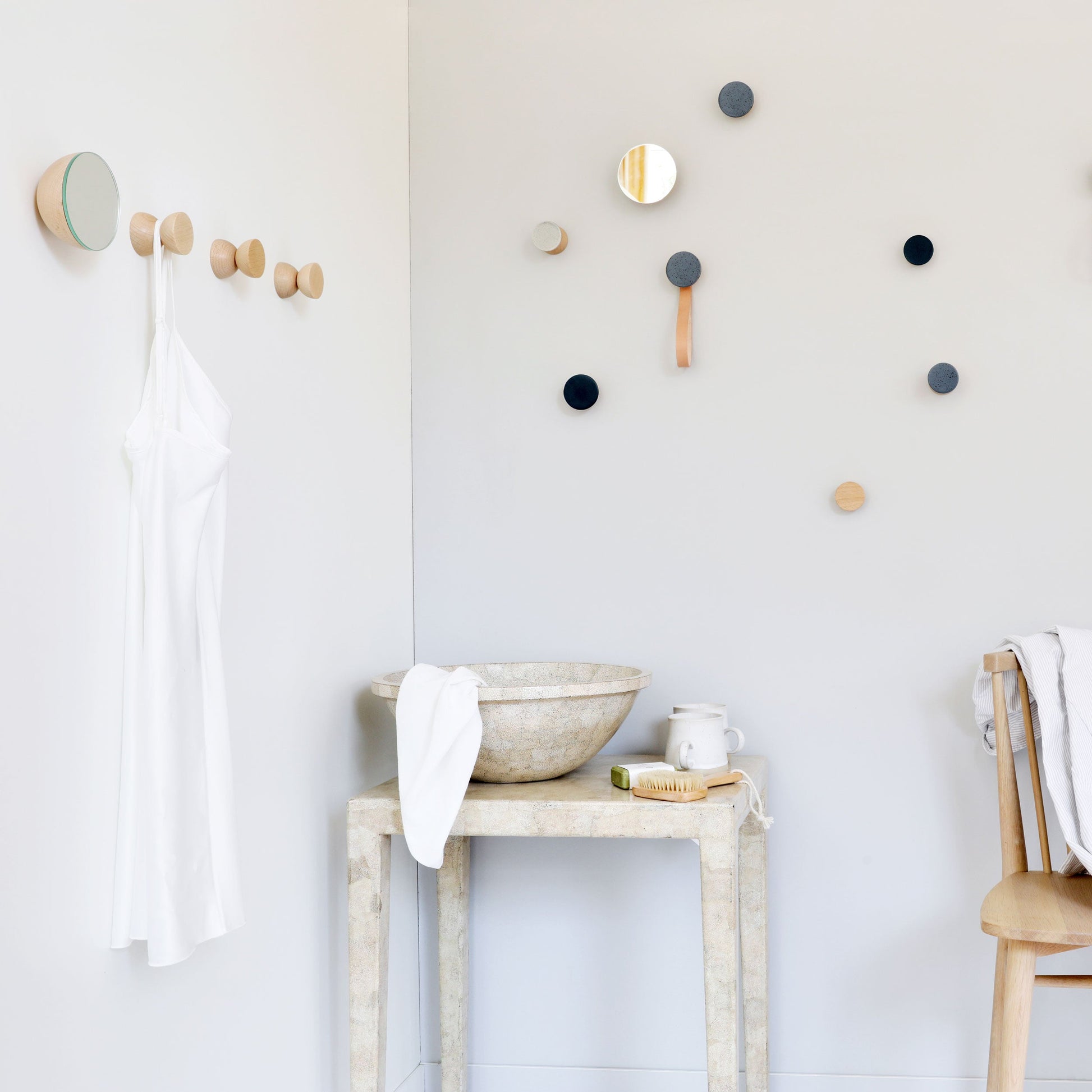 Round Beech Wood & Ceramic Wall Mounted Coat Hook / Hanger with Leather Strap - Blue Black Specks-2