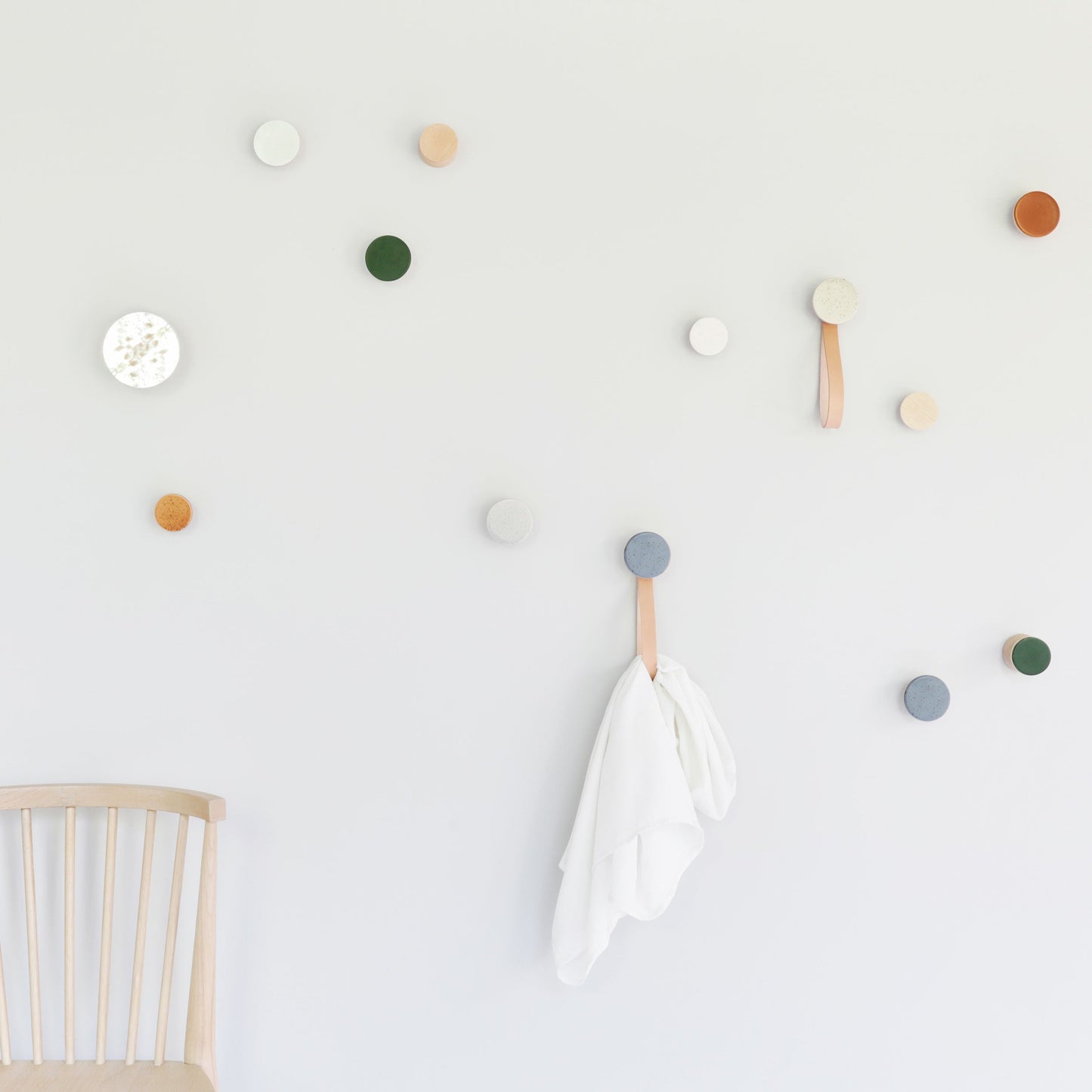 Round Beech Wood & Ceramic Wall Mounted Coat Hook / Hanger with Leather Strap - Blue Black Specks-3