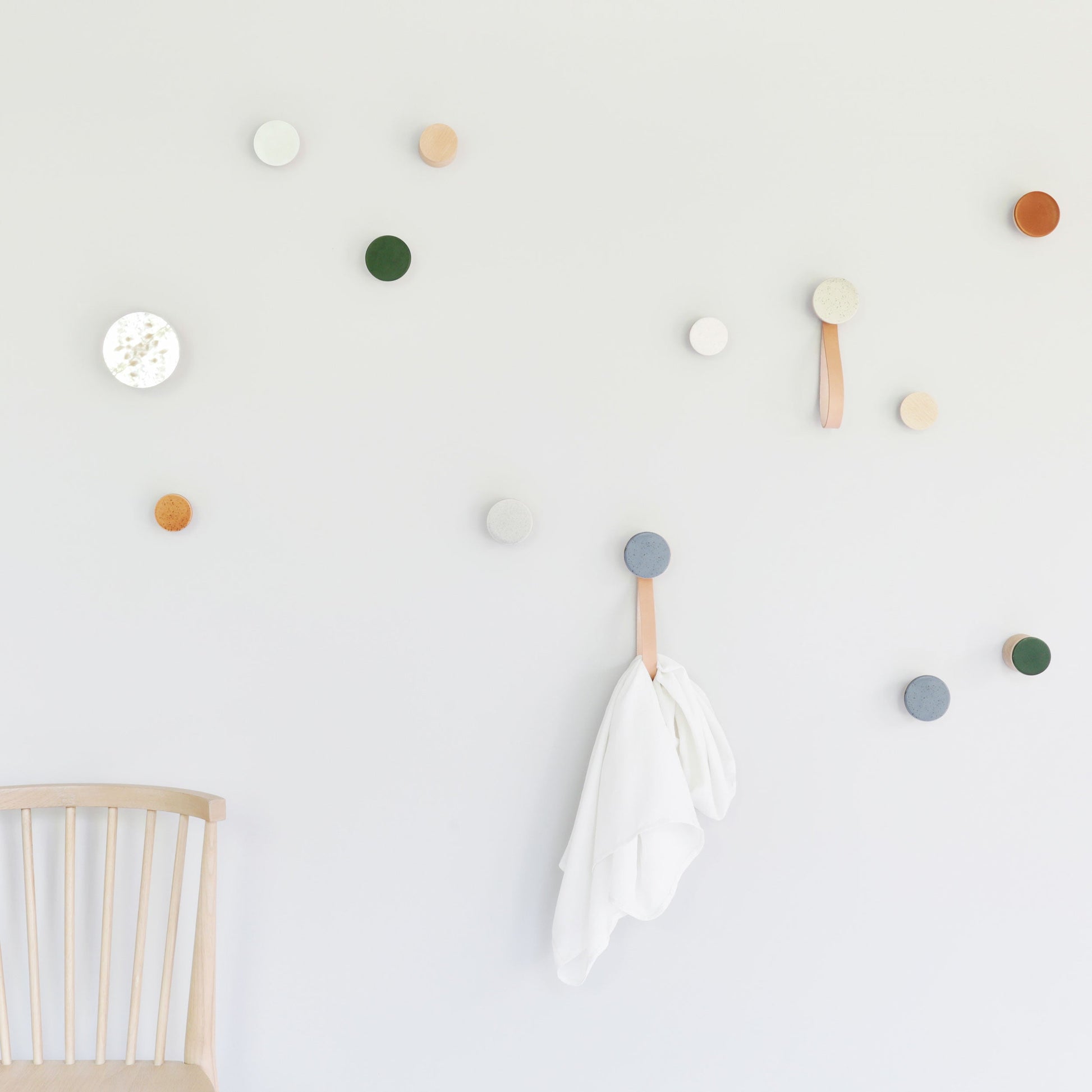Round Beech Wood & Ceramic Wall Mounted Coat Hook / Hanger with Leather Strap - Blue Black Specks-3