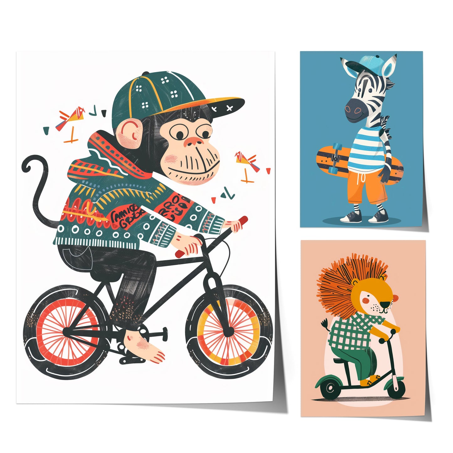 Lustige Tierwelt Poster Kinderzimmer · Geschenkidee für Kinder · Radfahrender Affe · E-Scooter Spaß ·Stylisches Zebra·Deko Print ohne Rahmen-0
