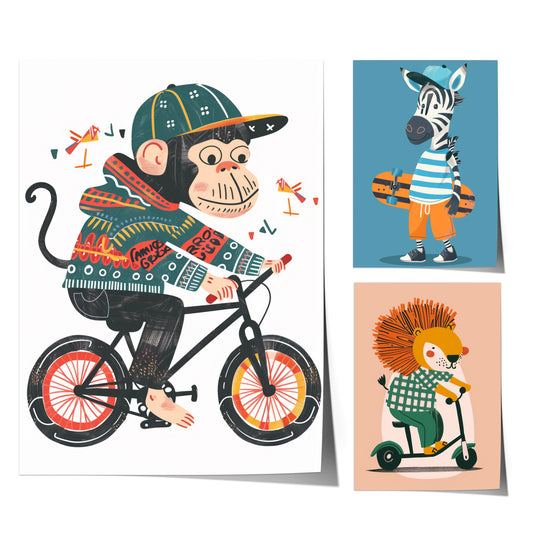 Lustige Tierwelt Poster Kinderzimmer · Geschenkidee für Kinder · Radfahrender Affe · E-Scooter Spaß ·Stylisches Zebra·Deko Print ohne Rahmen-0