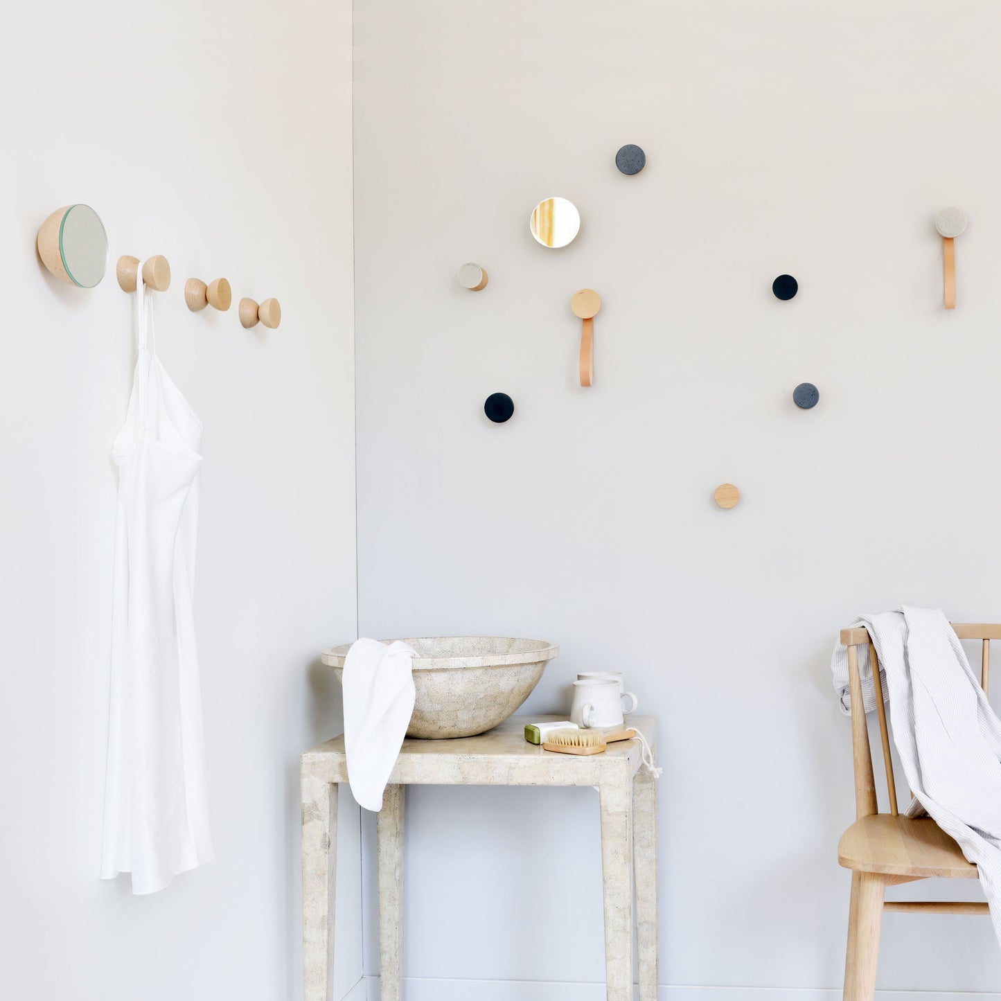Round Beech Wood & Ceramic Wall Mounted Coat Hook / Hanger with Leather Strap - Grey Sand-3