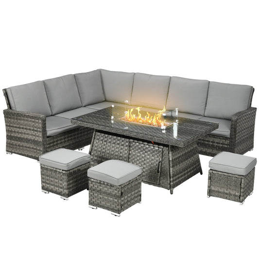9 Piece PE Rattan Garden Furniture Set with 50,000 BTU Gas Fire Pit Table - Grey-0