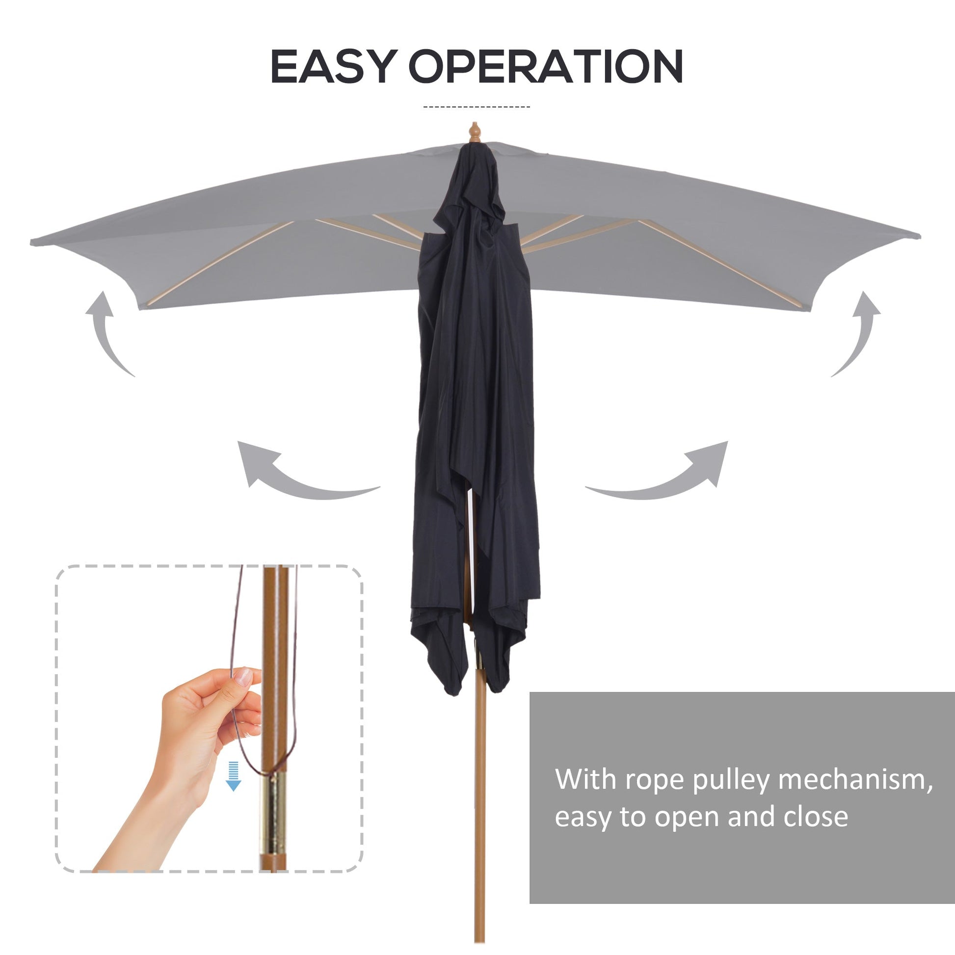 Wooden Garden Patio Parasol Umbrella with Vent - Black-3