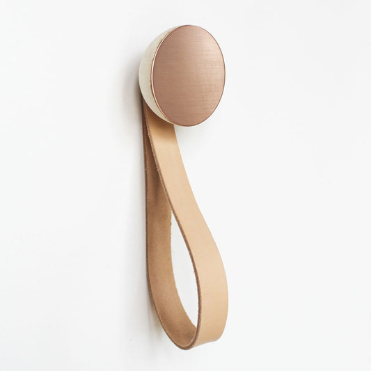Round Beech Wood & Copper Wall Mounted Coat Hook / Hanger with Leather Strap-1