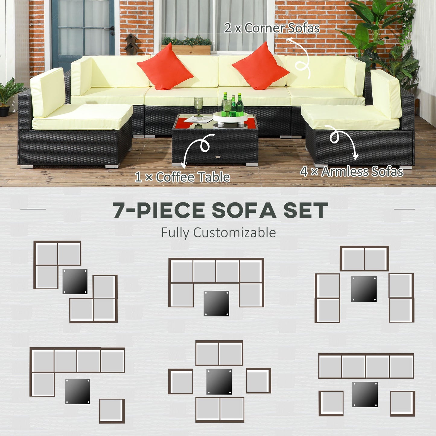 7 Piece PE Rattan Garden Furniture Set with Padded Cushions - Black-3