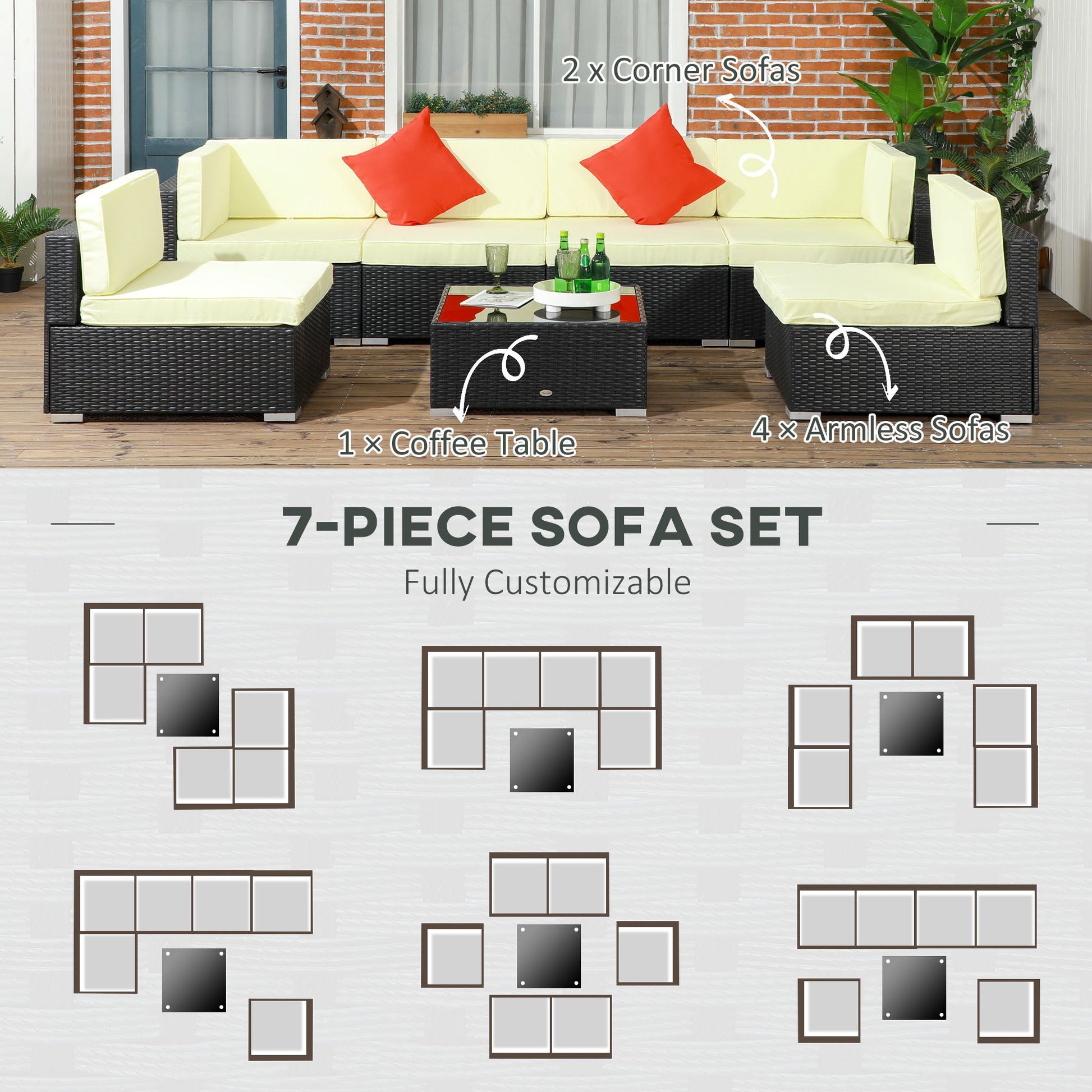 7 Piece PE Rattan Garden Furniture Set with Padded Cushions - Black-3