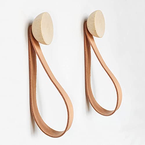 Set of Hooks - Round Beech Wood Wall Mounted Coat Hook / Hanger with Leather Strap-0