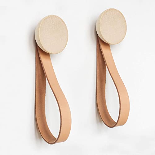 Set of Hooks - Round Beech Wood Wall Mounted Coat Hook / Hanger with Leather Strap-1