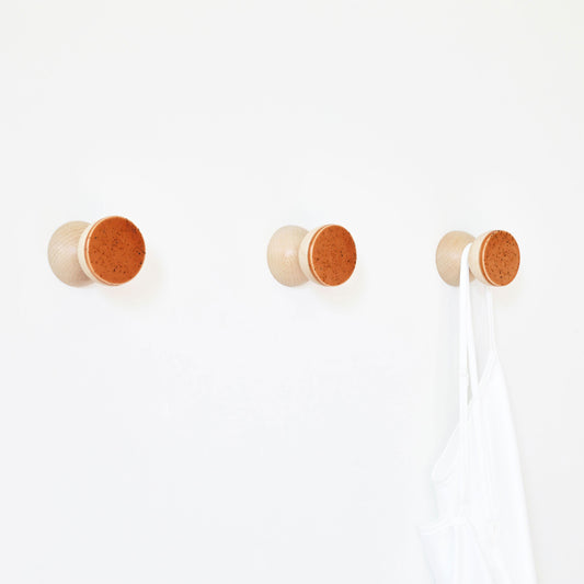 Geometric Beech Wood & Ceramic Wall Mounted Coat Hook / Knob - Terracotta Orange Specks-1