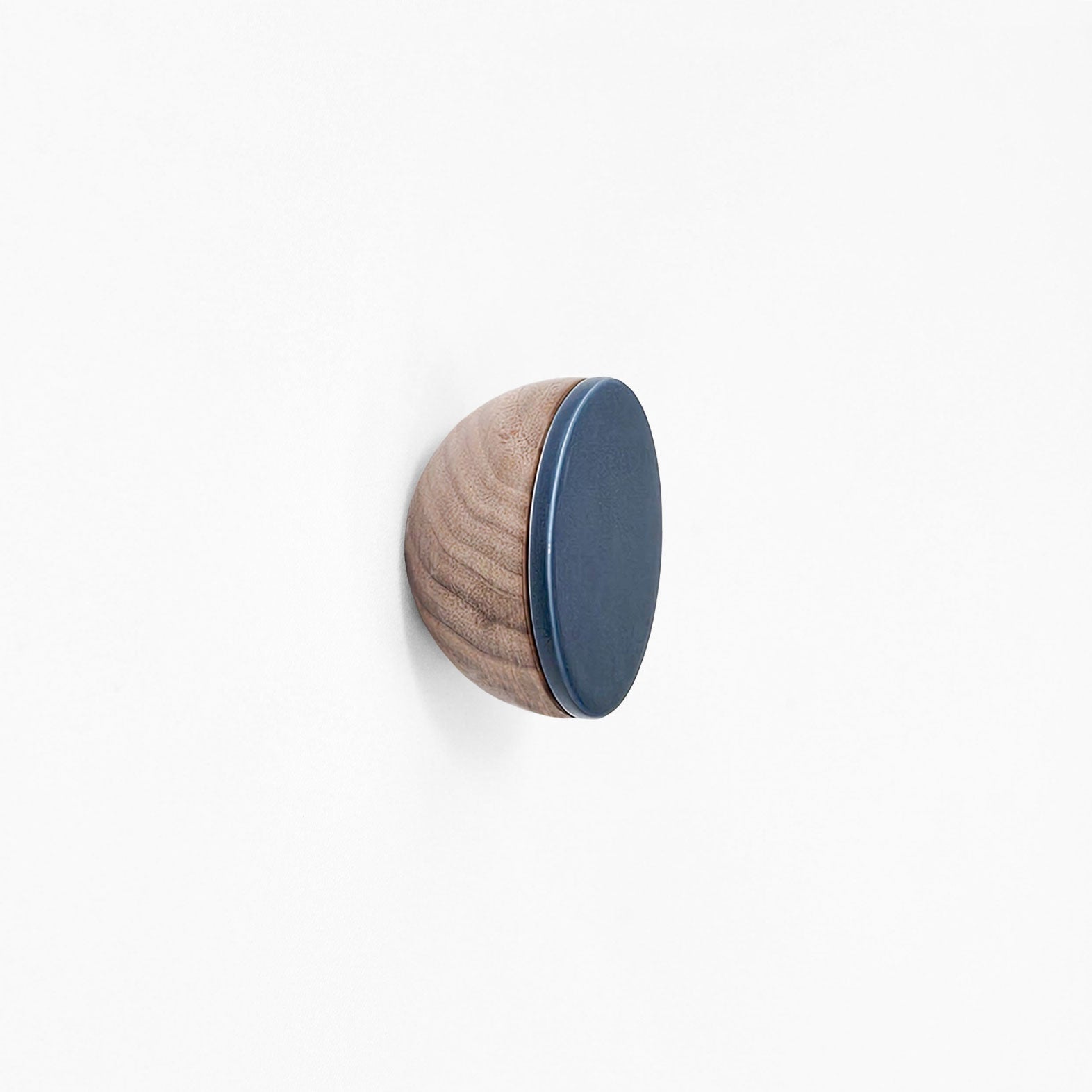Round Walnut Wood & Ceramic Wall Mounted Coat Hook / Knob - Dark Blue-0