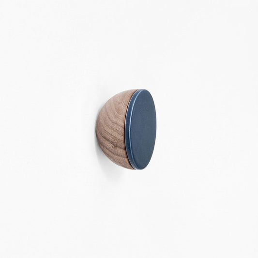 Round Walnut Wood & Ceramic Wall Mounted Coat Hook / Knob - Dark Blue-0