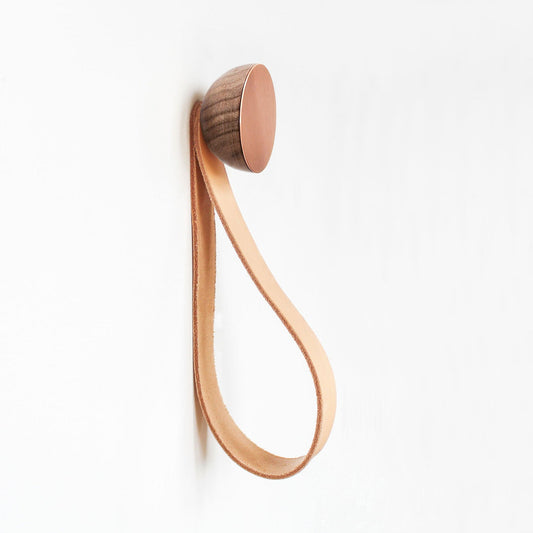 Round Walnut Wood & Copper Wall Mounted Hook / Hanger with Leather Strap-0