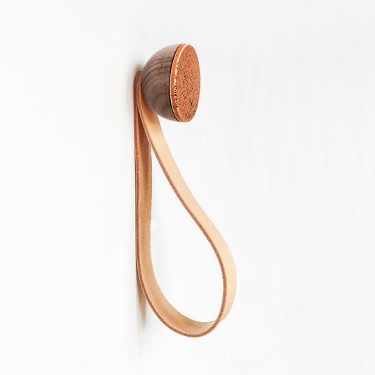 Round Walnut Wood & Ceramic Wall Mounted Coat Hook / Hanger with Leather Strap - Terracotta Orange Specks-0