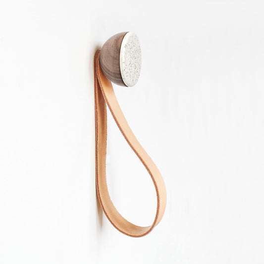 Round Walnut Wood & Ceramic Wall Mounted Coat Hook / Hanger with Leather Strap - Speckled White-0