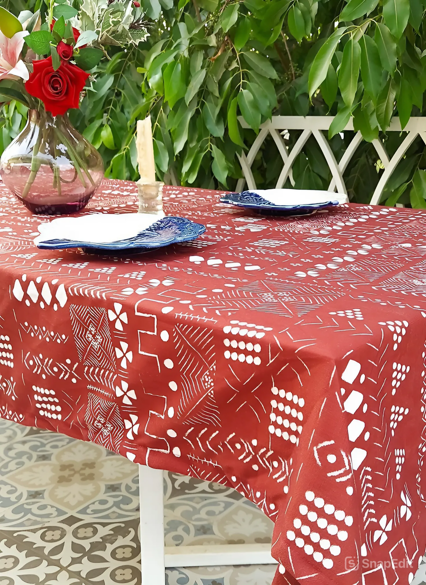 Red Geometric Print Tablecloth | GOTS Certified Organic Cotton | Various Sizes-0