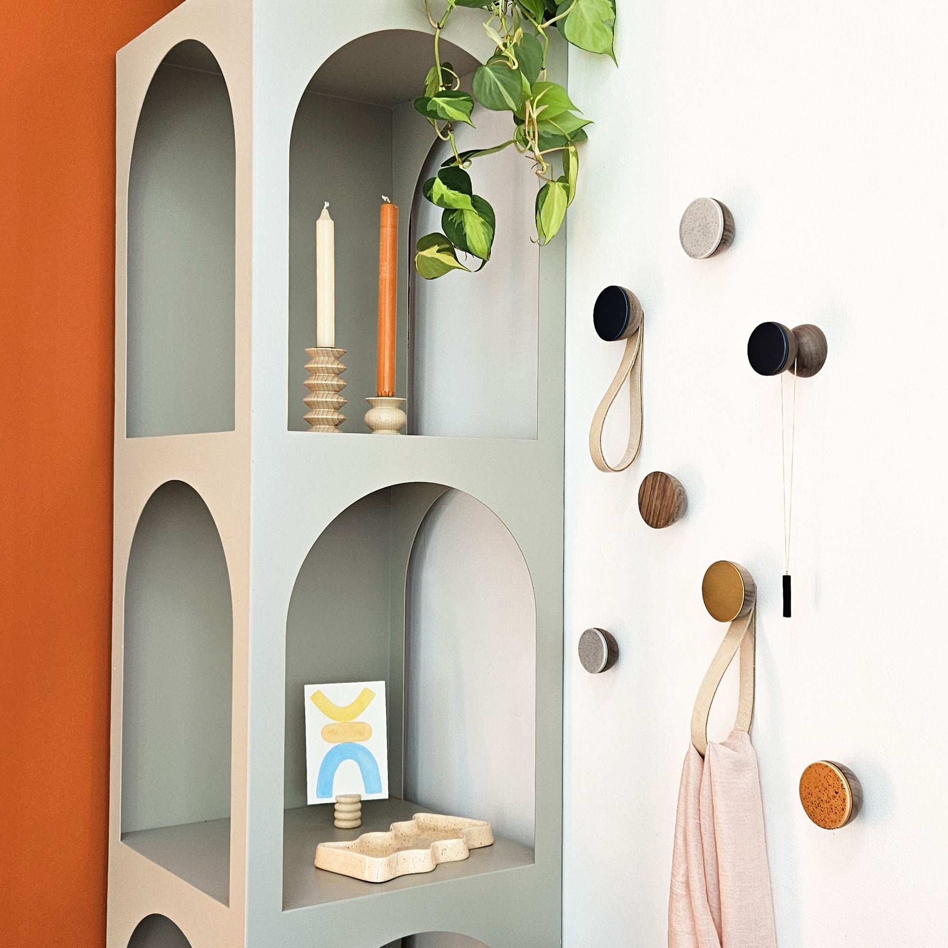 Round Walnut Wood & Ceramic Wall Mounted Coat Hook / Knob - Terracotta Orange Specks-3