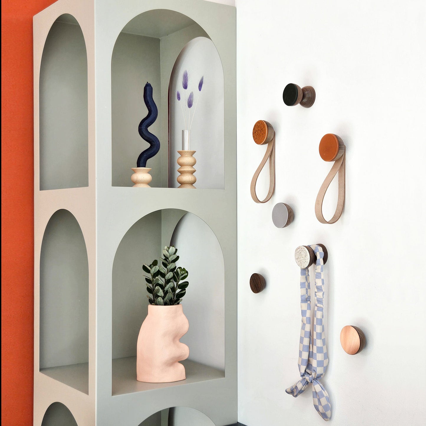 Round Walnut Wood & Ceramic Wall Mounted Coat Hook / Hanger with Leather Strap - Terracotta Orange Specks-3