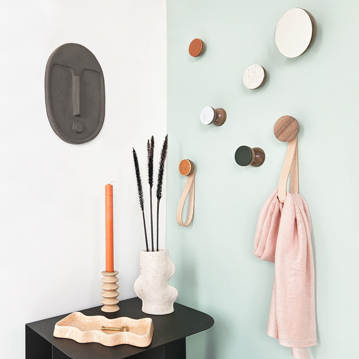 Round Walnut Wood & Ceramic Wall Mounted Coat Hook / Hanger with Leather Strap - Terracotta Orange Specks-4