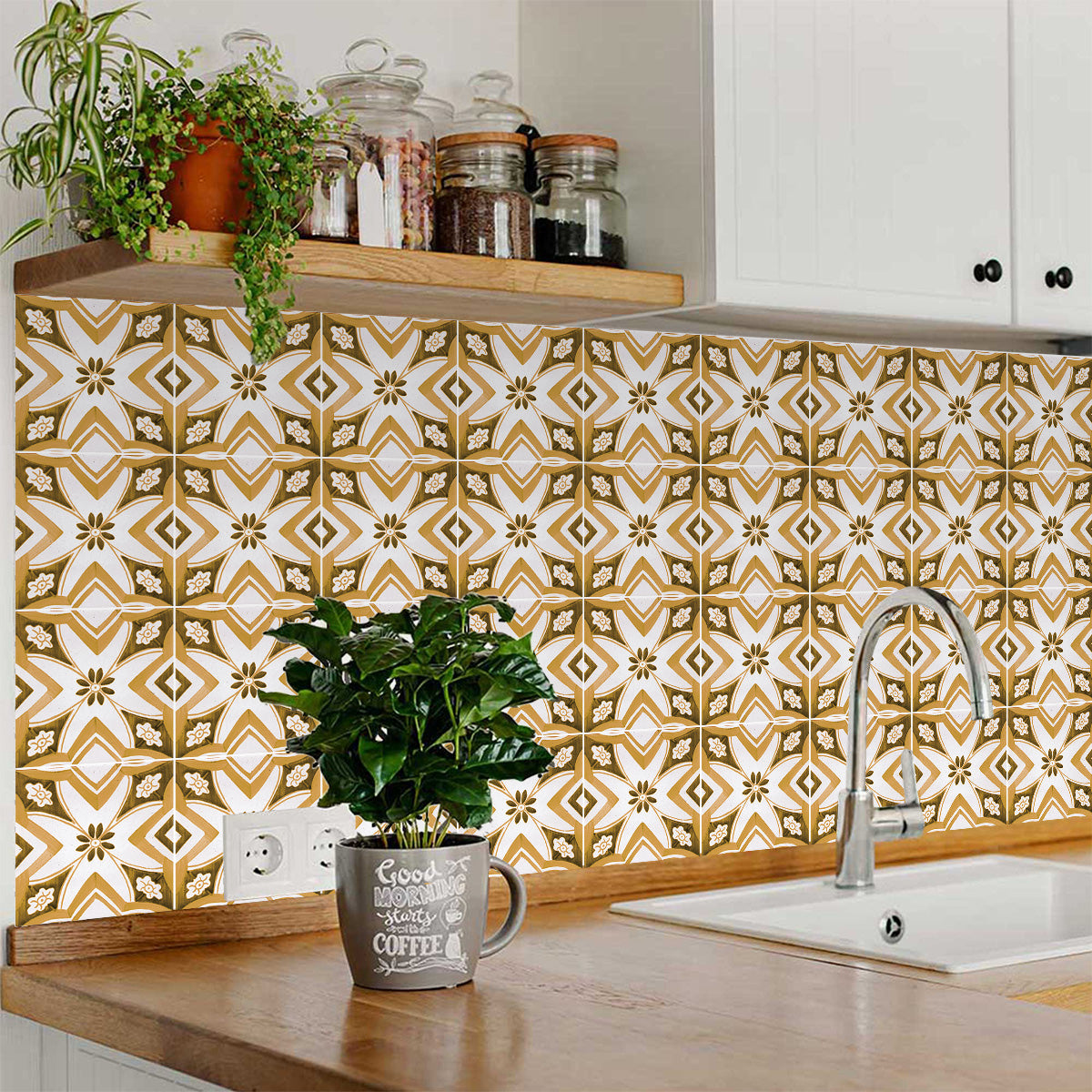 White and Orange Beautiful Backsplash Retro pattern tile stickers Model - V33