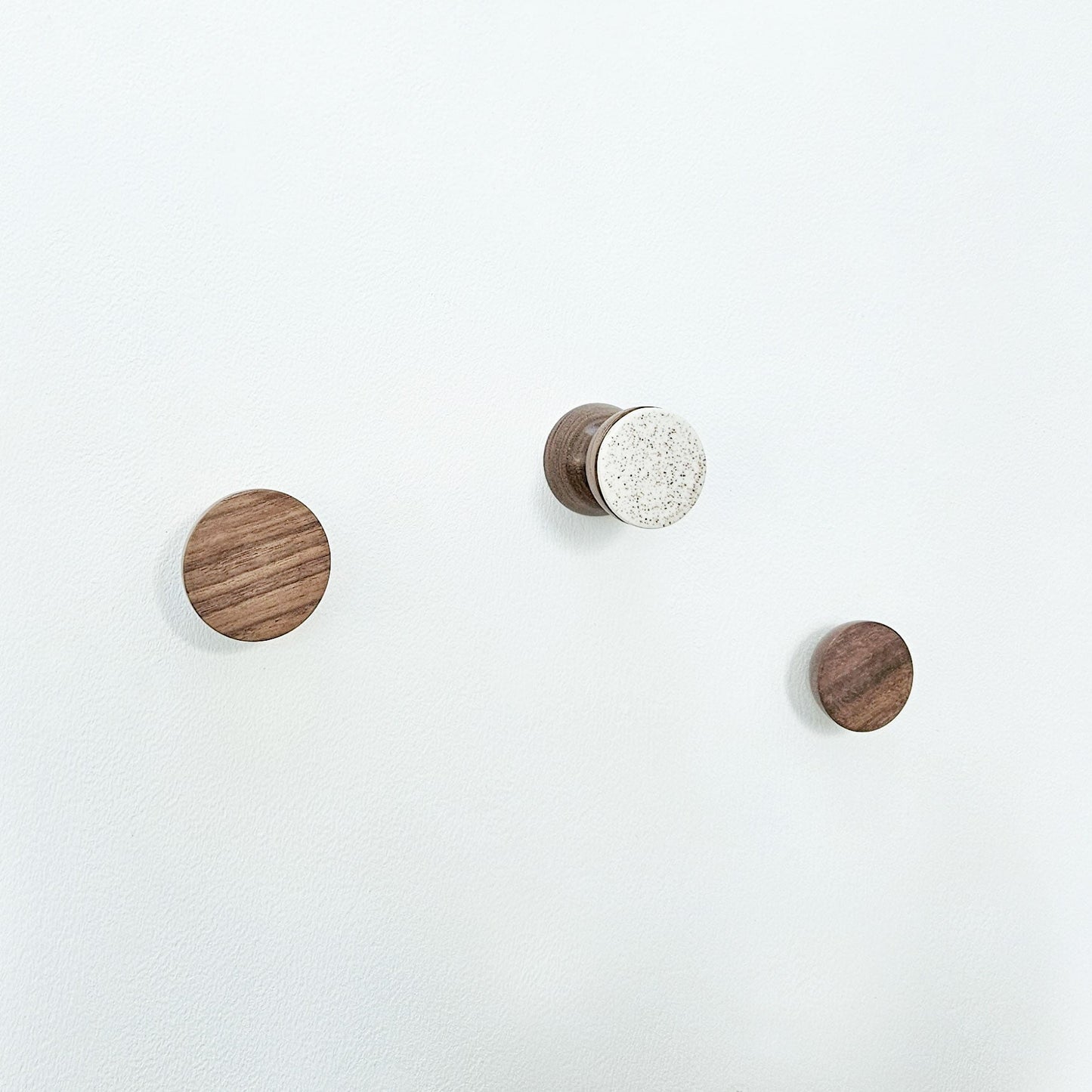 Geometric Walnut Wood & Ceramic Wall Mounted Coat Hook / Knob - Speckled White-1