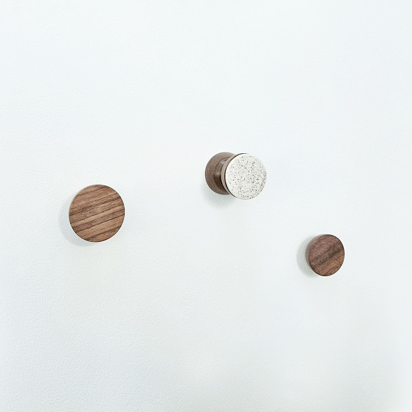 Geometric Walnut Wood & Ceramic Wall Mounted Coat Hook / Knob - Speckled White-1