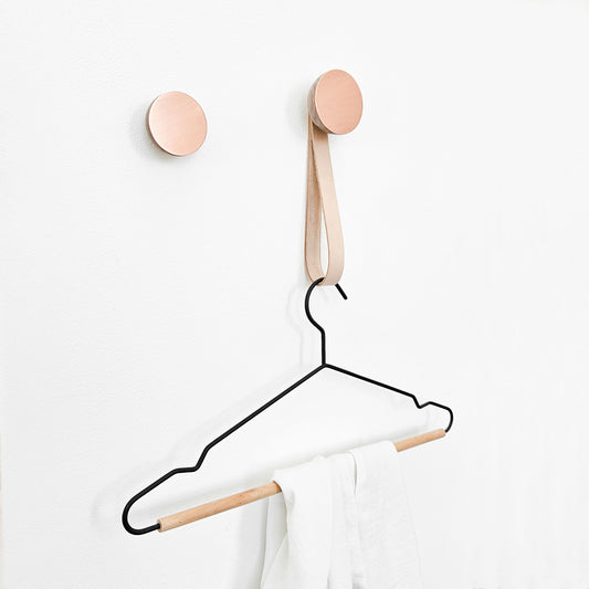 Round Walnut Wood & Copper Wall Mounted Hook / Hanger with Leather Strap-1
