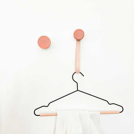 Round Walnut Wood & Ceramic Wall Mounted Coat Hook / Hanger with Leather Strap - Dark Terracotta Orange-1