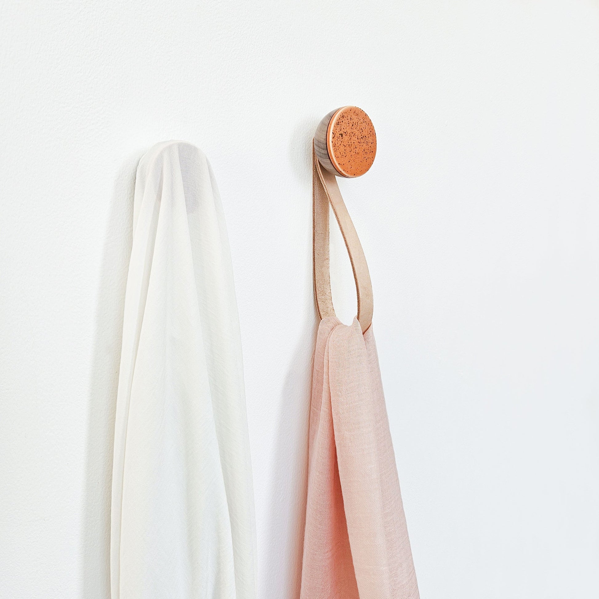 Round Walnut Wood & Ceramic Wall Mounted Coat Hook / Hanger with Leather Strap - Terracotta Orange Specks-1