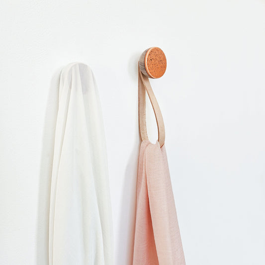 Round Walnut Wood & Ceramic Wall Mounted Coat Hook / Hanger with Leather Strap - Terracotta Orange Specks-1