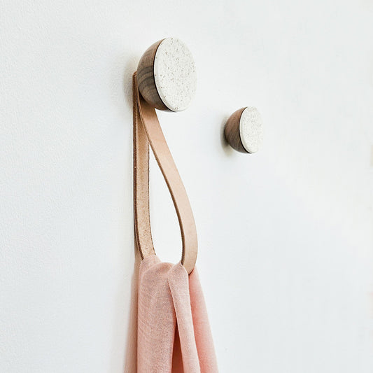 Round Walnut Wood & Ceramic Wall Mounted Coat Hook / Hanger with Leather Strap - Speckled White-1