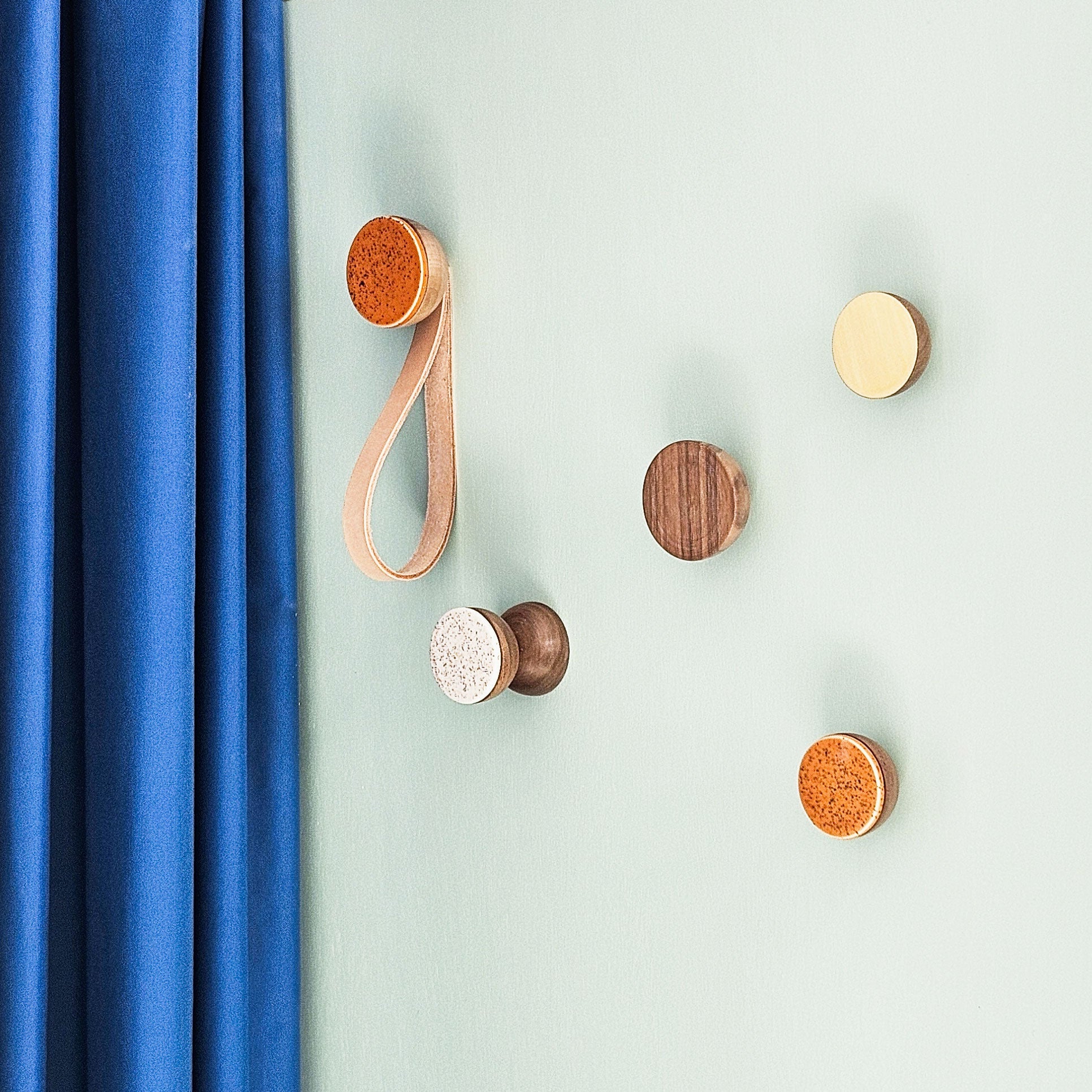 Round Walnut Wood & Ceramic Wall Mounted Coat Hook / Hanger with Leather Strap - Terracotta Orange Specks-2