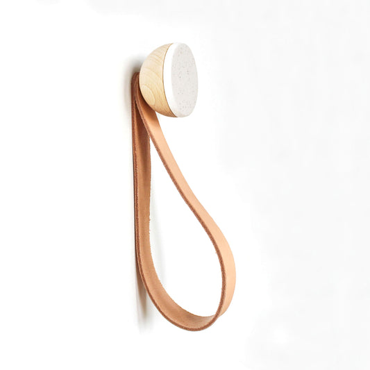 Round Beech Wood & Ceramic Wall Mounted Coat Hook / Hanger with Leather Strap - White Sand-0