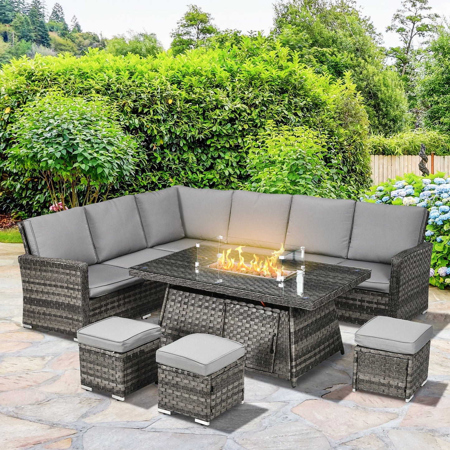 9 Piece PE Rattan Garden Furniture Set with 50,000 BTU Gas Fire Pit Table - Grey-1