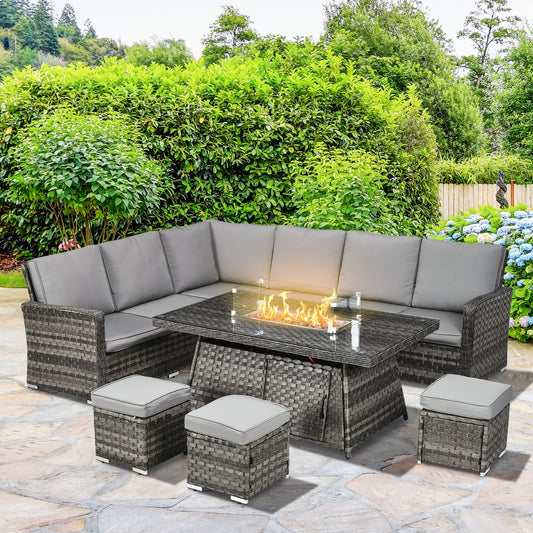 9 Piece PE Rattan Garden Furniture Set with 50,000 BTU Gas Fire Pit Table - Grey-1